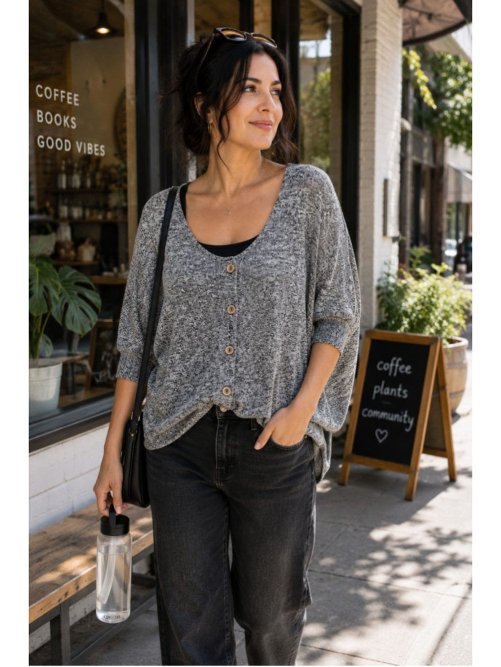 Poetry Gray Marled Oversized Cardigan Wood Buttons Ribbed Cuff Medium